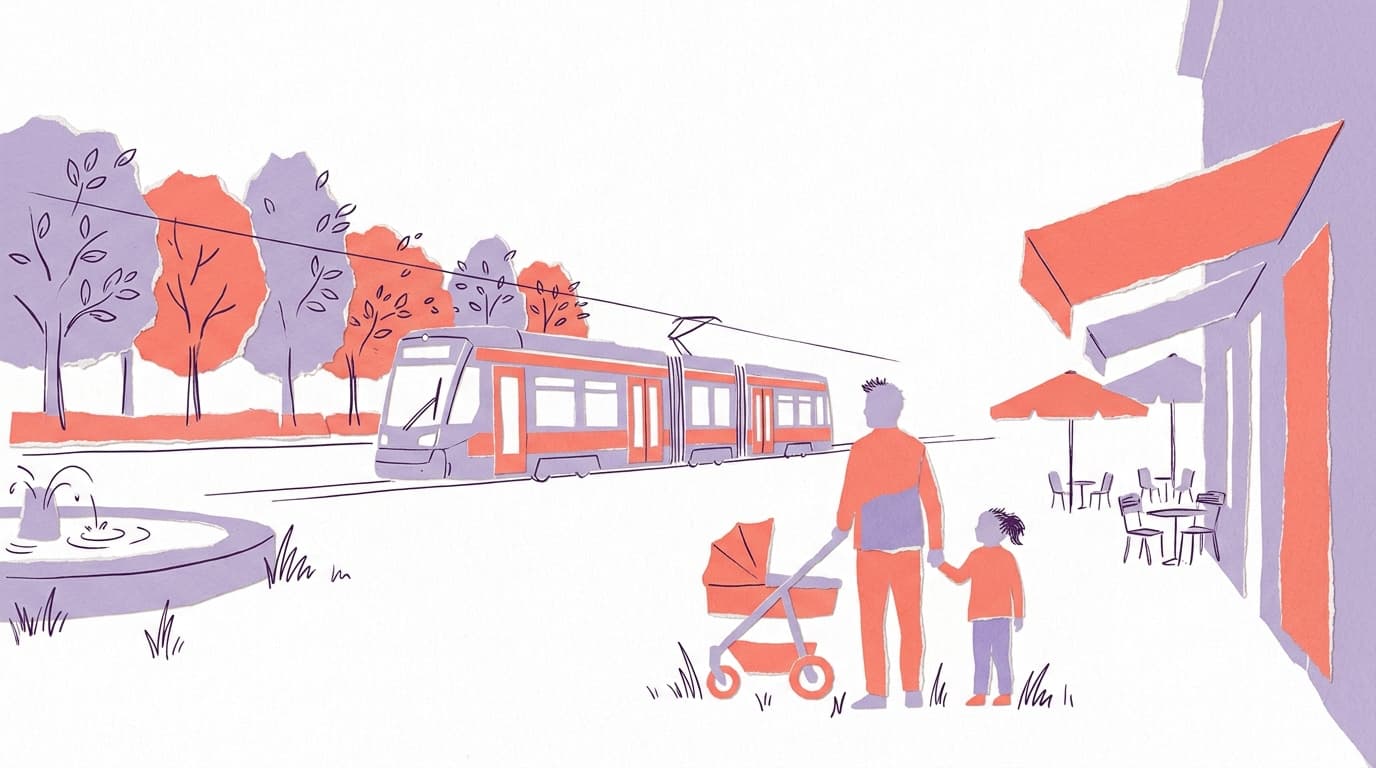 Tram am Hohenzollernplatz mit Familie im Vordergrund